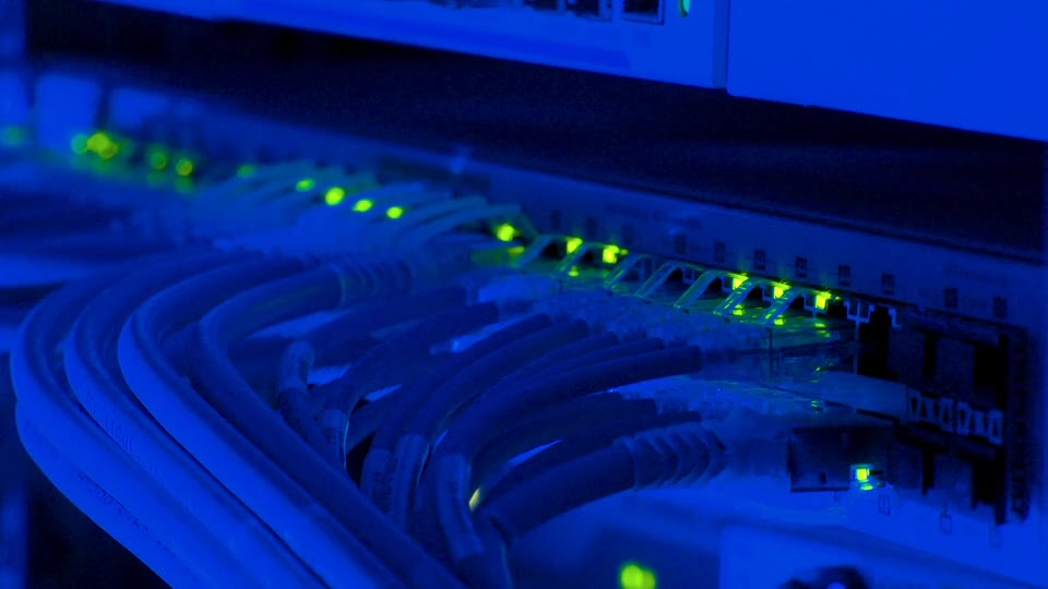 Netzwerk-Switch mit leuchtenden Status-LEDs und Netzwerkkabeln