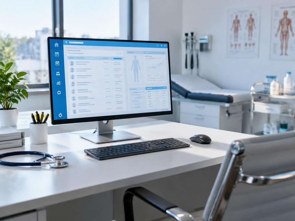 Ärztlicher Arbeitsplatz mit Praxissoftware im Sprechzimmer