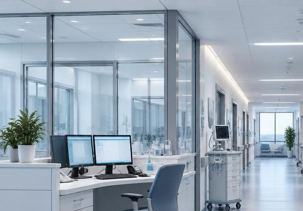 Arbeitsplätze im Flur eines Medizinischen Versorgungszentrums